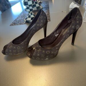 Louis Vuitton Dark Brown Monogram Peep-Toe Heels